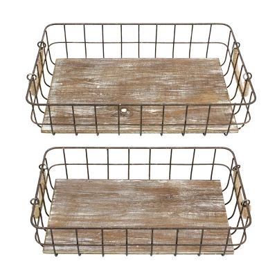2pc Rectangle Rustic Wood And Metal Basket Set Brown - Stonebriar Collection 3 2pc Rectangle Rustic Wood And Metal Basket Set Brown - Stonebriar Collection