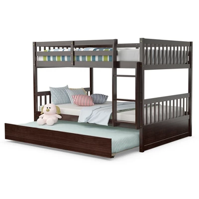 Costway Full Over Full Bunk Bed Platform Wood Bed W/ Trundle & Ladder Rail Brown/White 13 Costway Full Over Full Bunk Bed Platform Wood Bed W/ Trundle & Ladder Rail Brown/White - Image 11