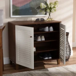 Coolidge 4 Shelf Wood Shoe Cabinet White/Walnut - Baxton Studio -Baxton Studio Store GUEST 141ff338 3893 42cb 8d2d f906f60621e9
