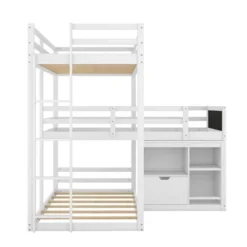 Twin Size L-shaped Wood Triple Bunk Bed With Storage Cabinet, Ladder And Blackboard-ModernLuxe -Baxton Studio Store GUEST 180ede9a 71fb 495e 88c0 dcaf1c5422e7