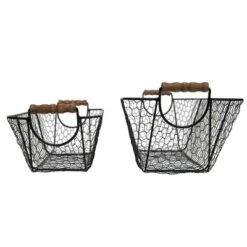 Set Of 2 Oblong Black Metal & Wood Baskets - Foreside Home & Garden