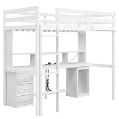 Loft Bed With Multi-Function Storage Table, LED Lights, Bedside Tray And Charging Station, White - ModernLuxe -Baxton Studio Store GUEST 26a33b3f 8e8d 468a 95cf 3a07ca52e13c