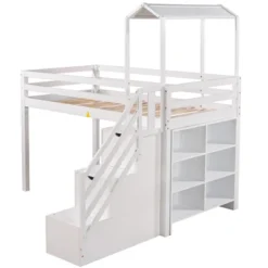 Twin Over Full Bunk Bed With Staircase, Shelves And House Roof-ModernLuxe -Baxton Studio Store GUEST 32460b03 d651 435f 9cbb b32de4a81761