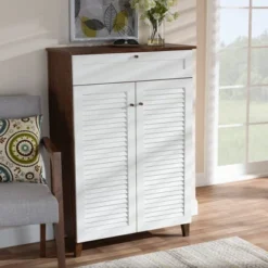 Coolidge 5 Shelf Wood Shoe Cabinet With Drawer White/Walnut - Baxton Studio -Baxton Studio Store GUEST 3e34a19d 2580 44f5 8852 fe0bba150d6b