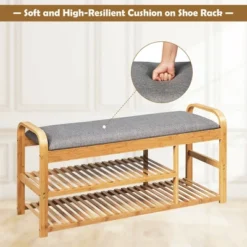 Costway Shoe Rack Entryway 3-Tier Bamboo Shoe Bench Organizer W/Cushion Modern Stool -Baxton Studio Store GUEST 416b7854 57eb 490b 84e9 74a9231fc26f