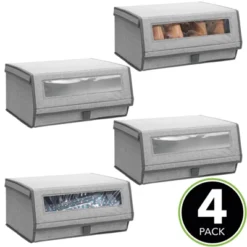 MDesign Large Fabric Closet Shoe Storage Box, 4 Pack, Gray Herringbone