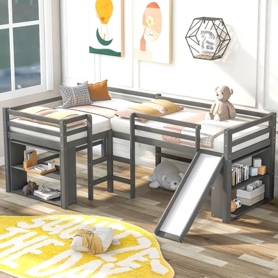 Twin Size L-Shaped Loft Bed With Movable Two-Tier Shelves And Slide - ModernLuxe 14 Twin Size L-Shaped Loft Bed With Movable Two-Tier Shelves And Slide - ModernLuxe - Image 12