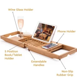Bambusi Bathtub Caddy With Extendable Sides, Wine Glass Holder, Book Stand And Phone Tray, Natural -Baxton Studio Store GUEST 52177d08 1206 45e5 8163 9386f863bcf7