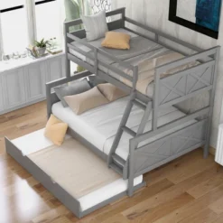 Twin Over Full Bunk Bed With Twin Size Trundle Bed, Ladder And Guardrail-ModernLuxe 15 Twin Over Full Bunk Bed With Twin Size Trundle Bed, Ladder And Guardrail-ModernLuxe -Baxton Studio Store GUEST 667ac71c 75b9 4b52 8867 6e59fef11d53