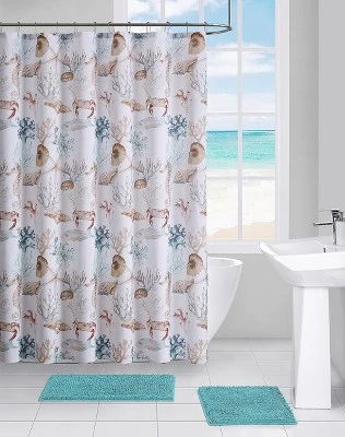 Kate Aurora Seaside Villa Mosaic Coastal Seahorses & Coral Fabric Shower Curtain 3 Kate Aurora Seaside Villa Mosaic Coastal Seahorses & Coral Fabric Shower Curtain