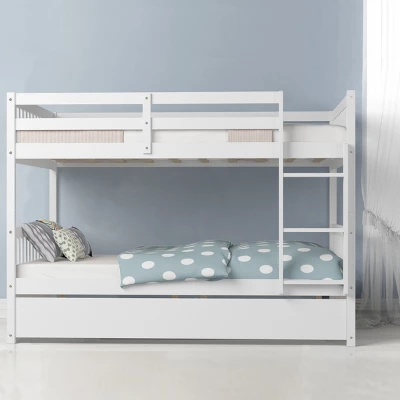 Costway Full Over Full Bunk Bed Platform Wood Bed W/ Trundle & Ladder Rail Brown/White 5 Costway Full Over Full Bunk Bed Platform Wood Bed W/ Trundle & Ladder Rail Brown/White - Image 3