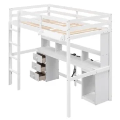 Loft Bed With Multi-Function Storage Table, LED Lights, Bedside Tray And Charging Station, White - ModernLuxe -Baxton Studio Store GUEST 83c6dc15 e7f5 465a 90b5 55e23689c23e