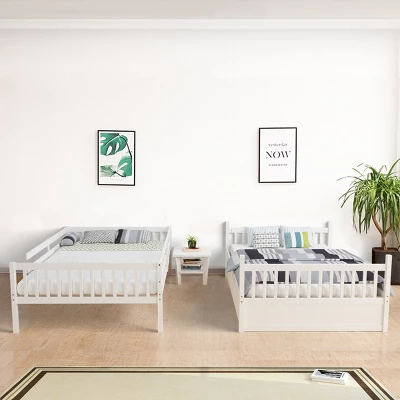 Costway Full Over Full Bunk Bed Platform Wood Bed W/ Trundle & Ladder Rail Brown/White 6 Costway Full Over Full Bunk Bed Platform Wood Bed W/ Trundle & Ladder Rail Brown/White - Image 4