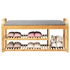 Costway Shoe Rack Entryway 3-Tier Bamboo Shoe Bench Organizer W/Cushion Modern Stool -Baxton Studio Store GUEST 9a03486b b5c0 4a77 a145 6d0a571208e6