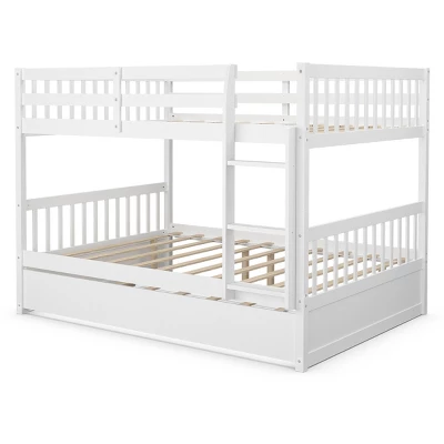 Costway Full Over Full Bunk Bed Platform Wood Bed W/ Trundle & Ladder Rail Brown/White 12 Costway Full Over Full Bunk Bed Platform Wood Bed W/ Trundle & Ladder Rail Brown/White - Image 10
