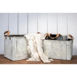 Set Of 3 Rustic Whitewashed Pattern Galvanized Metal Decorative Storage Bins With Faux Leather Handles - Foreside Home And Garden -Baxton Studio Store GUEST b489611e 0865 42d1 8d48 7c4f12fe3afb