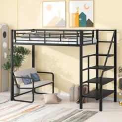 Twin Size Metal Loft Bed With Bench And Storage Staircase, Black-ModernLuxe -Baxton Studio Store GUEST b633f206 b531 4583 9af8 a9720df871f2