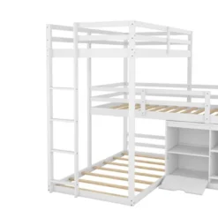 Twin Size L-shaped Wood Triple Bunk Bed With Storage Cabinet, Ladder And Blackboard-ModernLuxe -Baxton Studio Store GUEST b7b6f61c 6a6f 42a1 b10e 82c61e0c9a3c