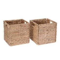 Set Of 2 Handmade Wicker Storage Cubes - 12-Inch Square Foldable Baskets With Handles - Made Of Hand-Twisted Water Hyacinth By Villacera (Natural)