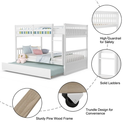 Costway Full Over Full Bunk Bed Platform Wood Bed W/ Trundle & Ladder Rail Brown/White 9 Costway Full Over Full Bunk Bed Platform Wood Bed W/ Trundle & Ladder Rail Brown/White - Image 7