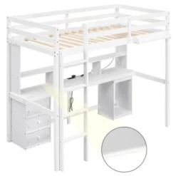 Loft Bed With Multi-Function Storage Table, LED Lights, Bedside Tray And Charging Station, White - ModernLuxe -Baxton Studio Store GUEST c2675a28 6090 4a91 8e6a 122b69e817e7
