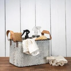 Set Of 3 Rustic Whitewashed Pattern Galvanized Metal Decorative Storage Bins With Faux Leather Handles - Foreside Home And Garden -Baxton Studio Store GUEST c4e70884 8c6a 4679 b2d7 c7f240a025ff