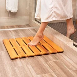 Thirteen Chefs 23" X 23" Indoor/Outdoor Villa Natural Acacia Wood Square Bath Shower Mat, Slated Wood Floor Platform With Rubber Base -Baxton Studio Store GUEST d12adc42 adb5 41f9 8715 4b1a5b330546
