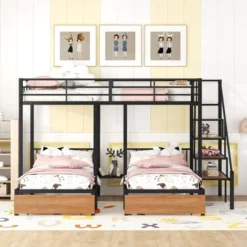 Full Over Twin-Twin Triple Bunk Bed With Drawers And Staircase - ModernLuxe