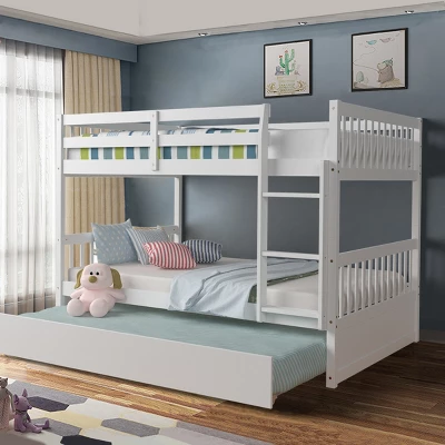 Costway Full Over Full Bunk Bed Platform Wood Bed W/ Trundle & Ladder Rail Brown/White 4 Costway Full Over Full Bunk Bed Platform Wood Bed W/ Trundle & Ladder Rail Brown/White - Image 2