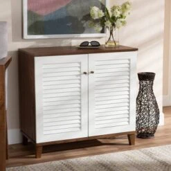 Coolidge 4 Shelf Wood Shoe Cabinet White/Walnut - Baxton Studio -Baxton Studio Store GUEST d9c413da 31fb 4aae 9575 05fc6269dd3b