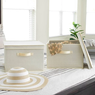 Household Essentials Set Of 2 Square Storage Boxes With Lids Cream Linen 3 Household Essentials Set Of 2 Square Storage Boxes With Lids Cream Linen