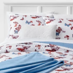 Butterfly Print Microfiber Decorative Bed Set With Throw Blue/Red/White - Room Essentials™ -Baxton Studio Store GUEST e00afba5 a714 4928 90f7 d5171afd96c9