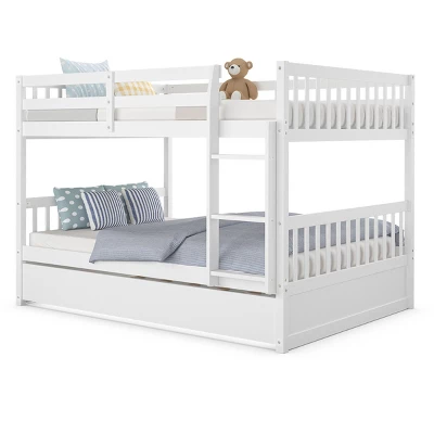 Costway Full Over Full Bunk Bed Platform Wood Bed W/ Trundle & Ladder Rail Brown/White 10 Costway Full Over Full Bunk Bed Platform Wood Bed W/ Trundle & Ladder Rail Brown/White - Image 8