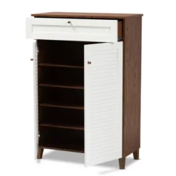Coolidge 5 Shelf Wood Shoe Cabinet With Drawer White/Walnut - Baxton Studio