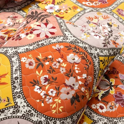 Lush Décor 3pc Bohemian Flower Reversible Oversized Cotton Quilt Set Orange/Lilac 5 Lush Décor 3pc Bohemian Flower Reversible Oversized Cotton Quilt Set Orange/Lilac - Image 3