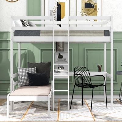 Convertible Loft Bed With L Shaped Desk, Shelf And Ladder, White - ModernLuxe 3 Convertible Loft Bed With L Shaped Desk, Shelf And Ladder, White - ModernLuxe