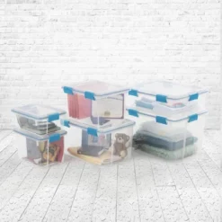 Sterilite 32 Quart Stackable Clear Plastic Storage Tote Container With Blue Gasket Latching Lid For Home And Office Organization, Clear -Baxton Studio Store GUEST fd209581 f073 4b9b 8ae9 b500bebb9423
